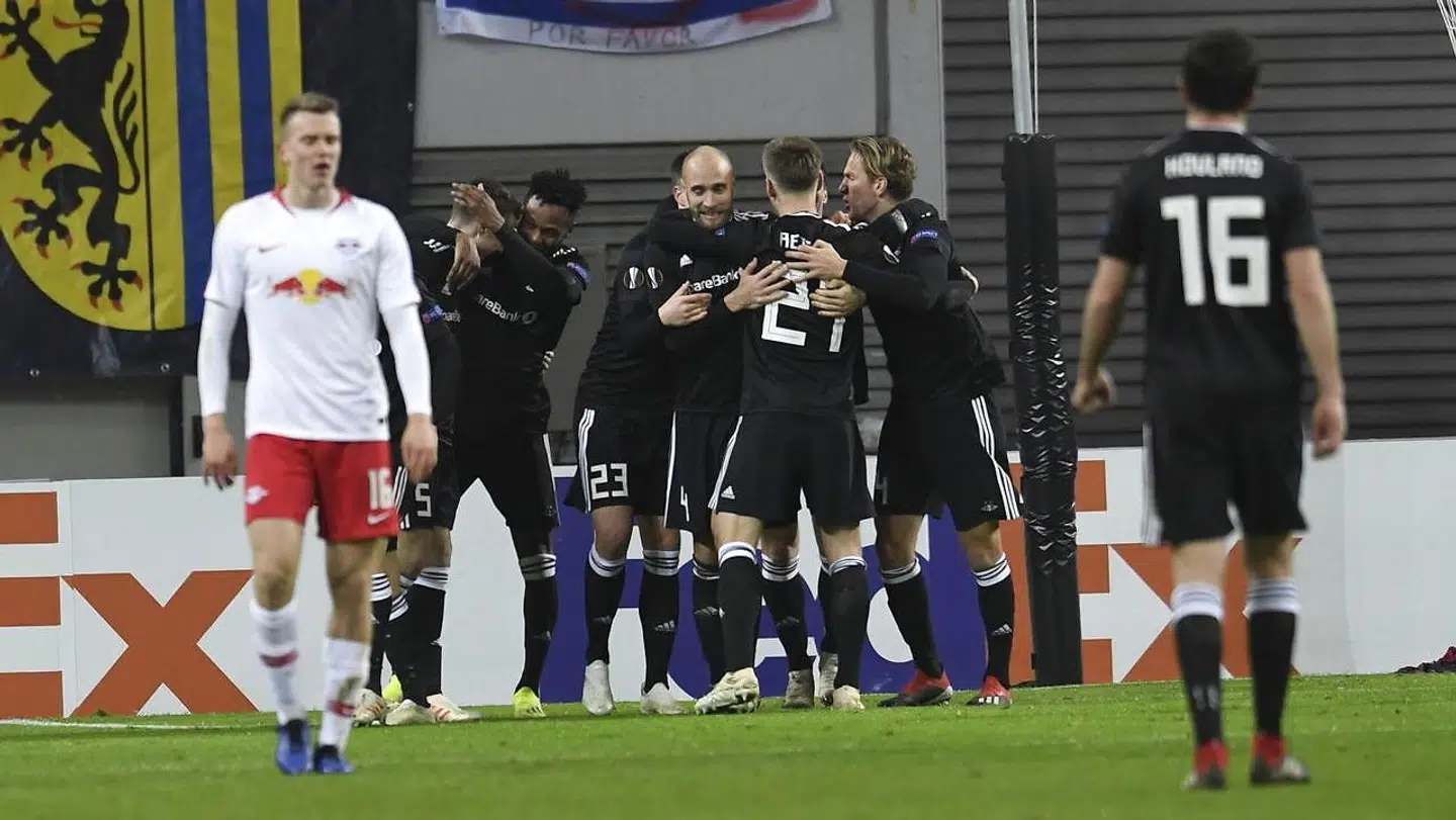 Rosenborg fejrer en socring mod Leipzig i Europe League. EPA/FILIP SINGER