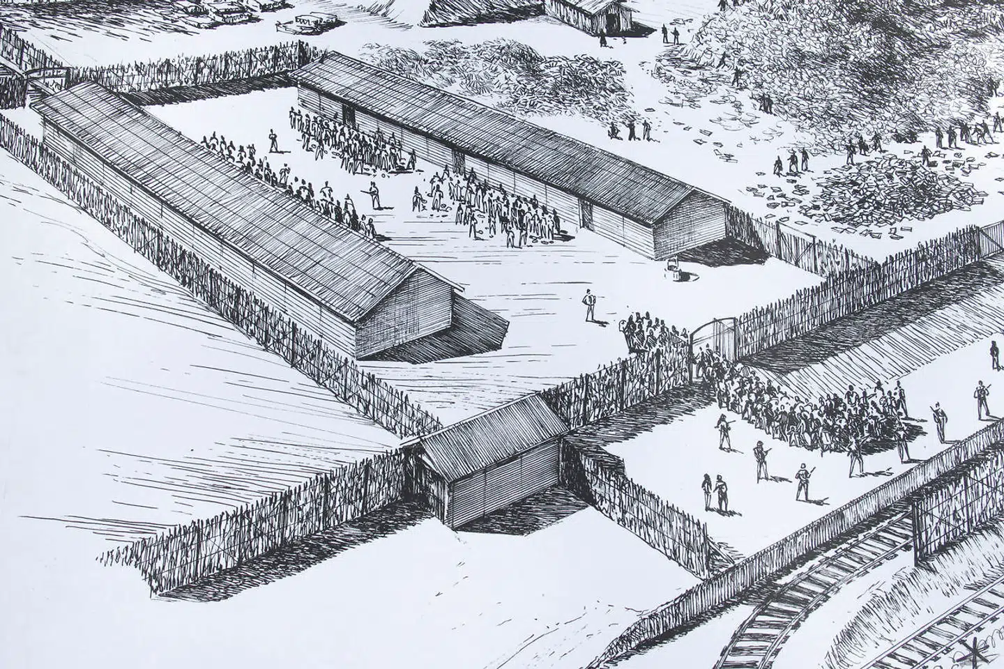 En tegning af dødslejren Treblinka, som spillede en stor rolle i Operation Reinhard.