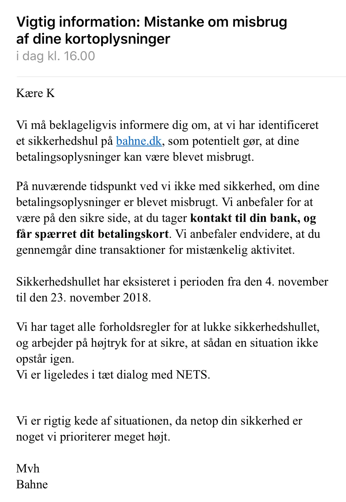 Sådan så mailen ud, som blev sendt ud til kunderne, efter lækket på Black Friday i 2018.