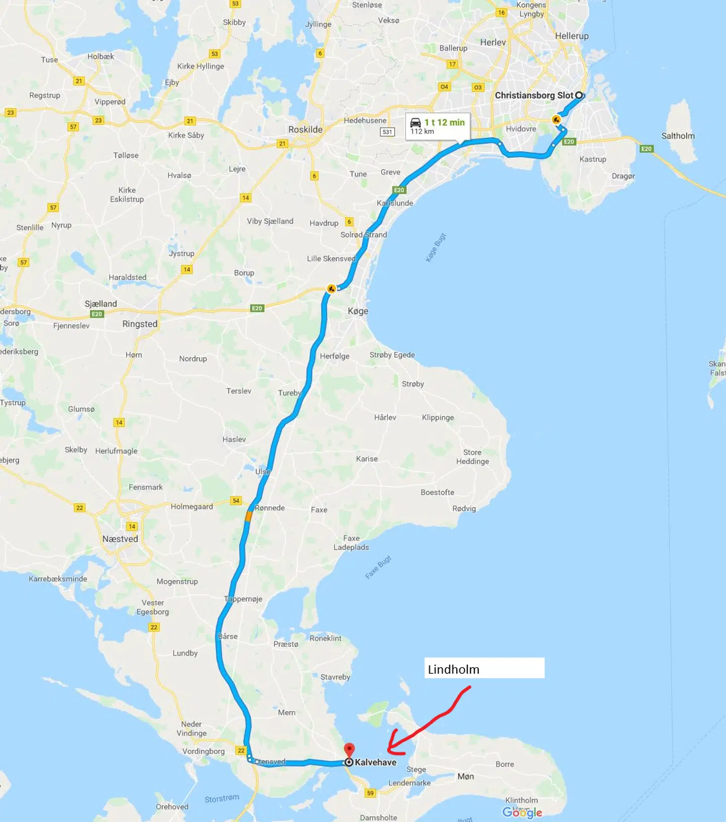 Det tager lidt over en time fra Kalvehale til Købenahavn.