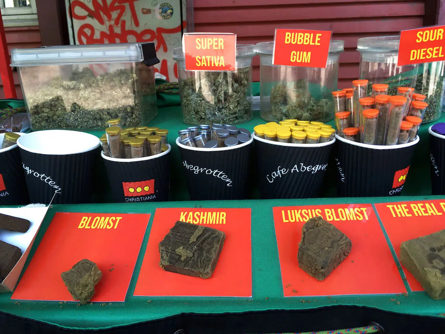 Hash, skunk og pot sælges i en bod på Pusherstreet på Christiania. Trods mange års ihærdig politiindsats er det ikke lykkedes at komme den åbenlyse hashhandel til livs.