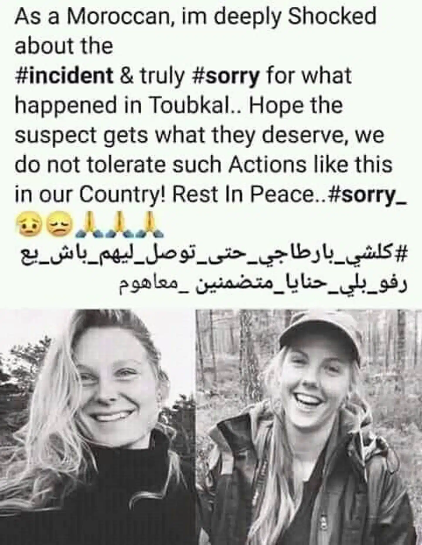 Et billede med en undskyldning fra det marokkanske folk, som går igen flere gange på Louisa Vetserager Jespersens Facebook-.profil.