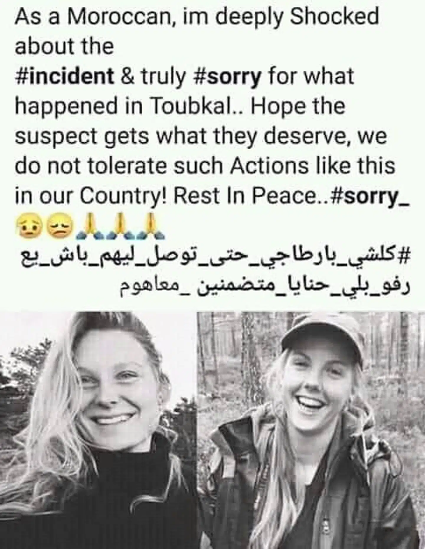 Et billede med en undskyldning fra det marokkanske folk, som går igen flere gange på Louisa Vetserager Jespersens Facebook-.profil.