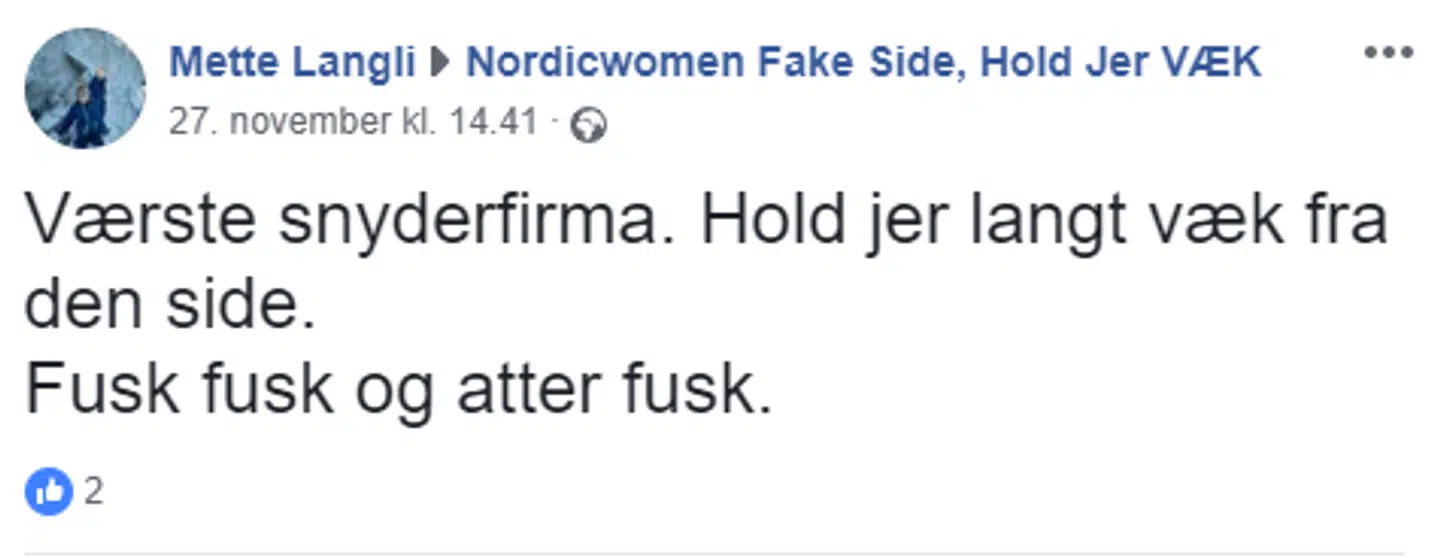 En hel side på Facebook er dedikeret til at advare mod nordicwoman.dk.