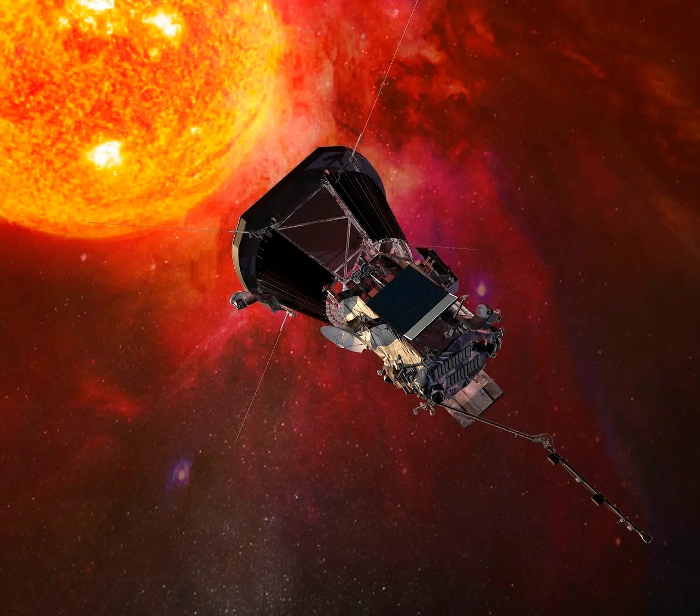 Her er en kunstners bud på, hvordan Parker Solar Probe ser ud i rummet, hvor den skal undersøge solen. Rumsonden er kommet tættere på solen end nogensinde før.