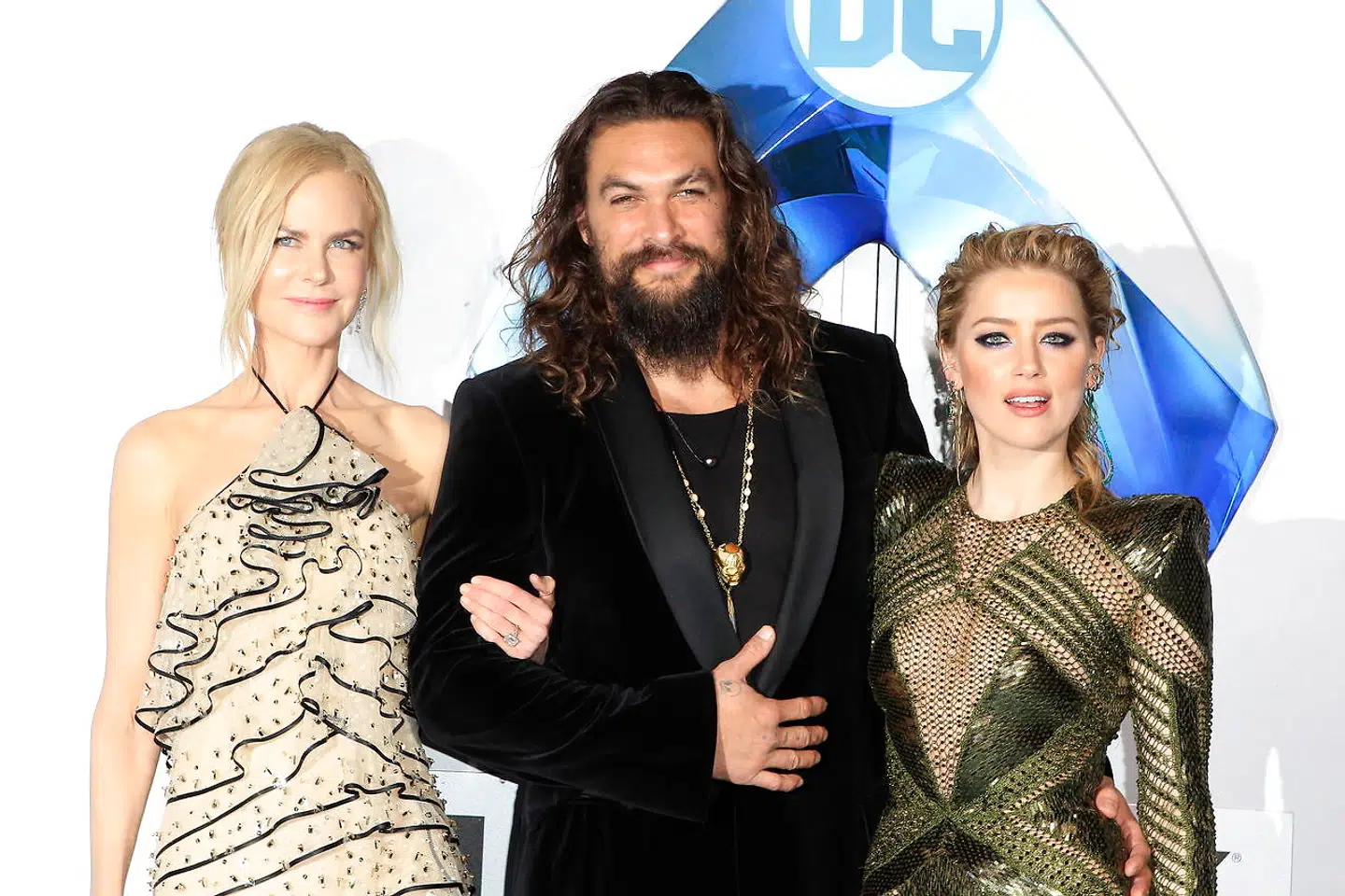 Jason Momoa og Aquaman-kollegaerne Nicole Kidman og Amber Heard.