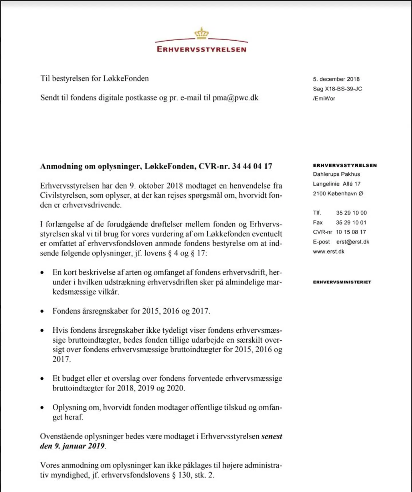 Erhvervsstyrelsens brev til Løkkefonden, 5. december.