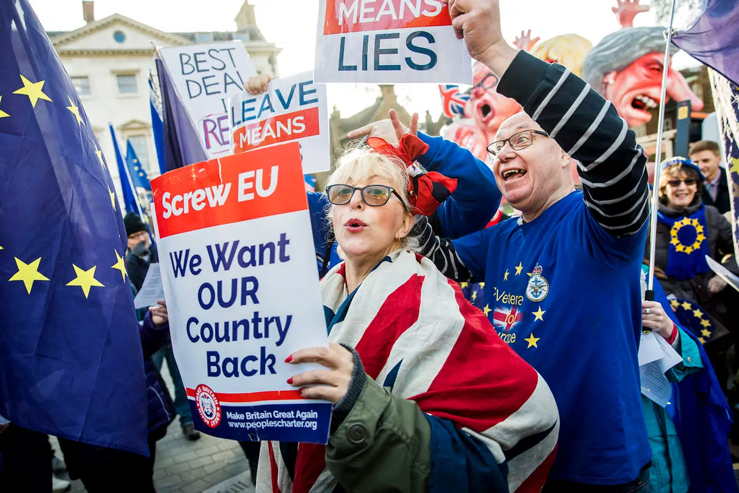 Brexit demonstrationer uden for parlamentet i London. En kvinde med britisk flag diskuterer og råber af pro-EU demonstranter. Blandt andet råber hun at de er nazister.