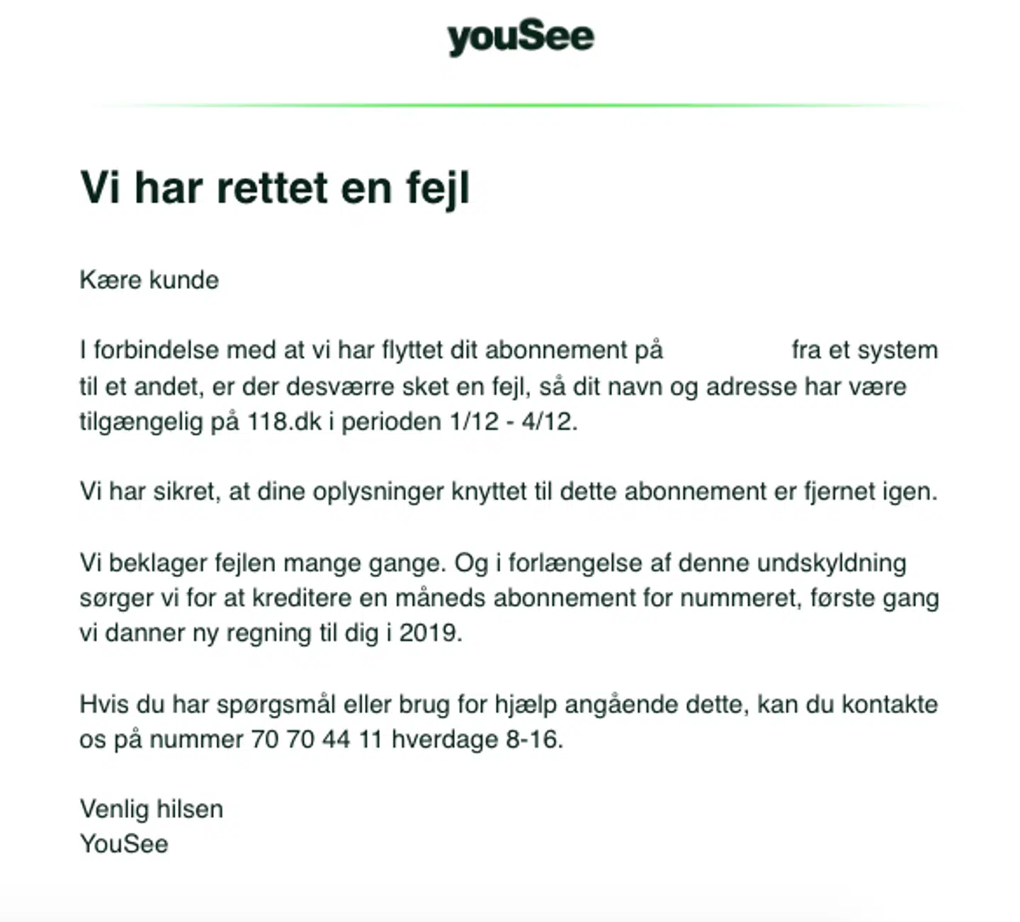 4.800 YouSee-kunder har modtaget besked om, at deres navn og adresse har været tilgengelig på 118.dk efter en fejl i YouSees systemer.