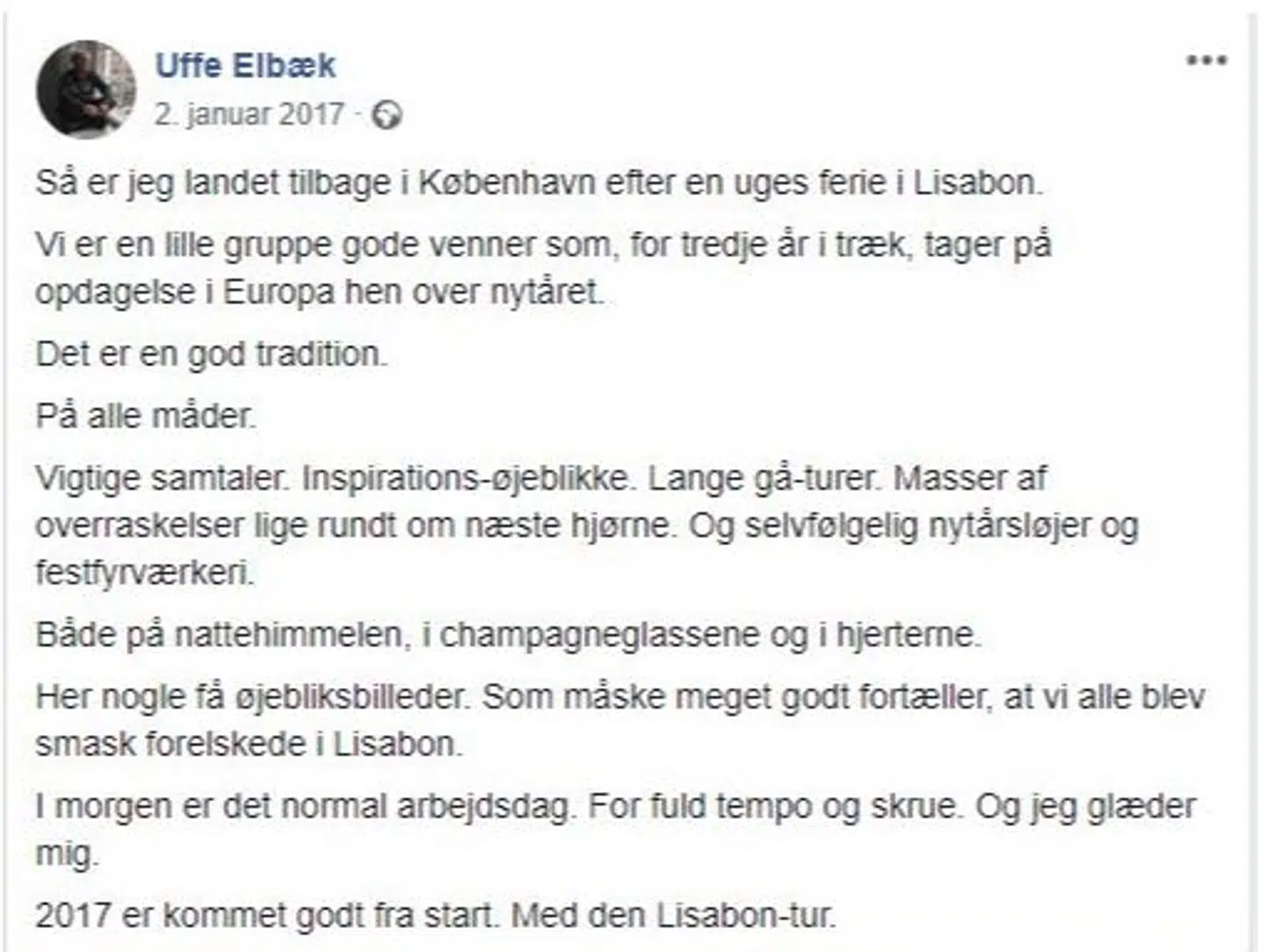 Uffe Elbæk beskriver sin tradition om at rejse på nytårsferie. Foto: Facebook.