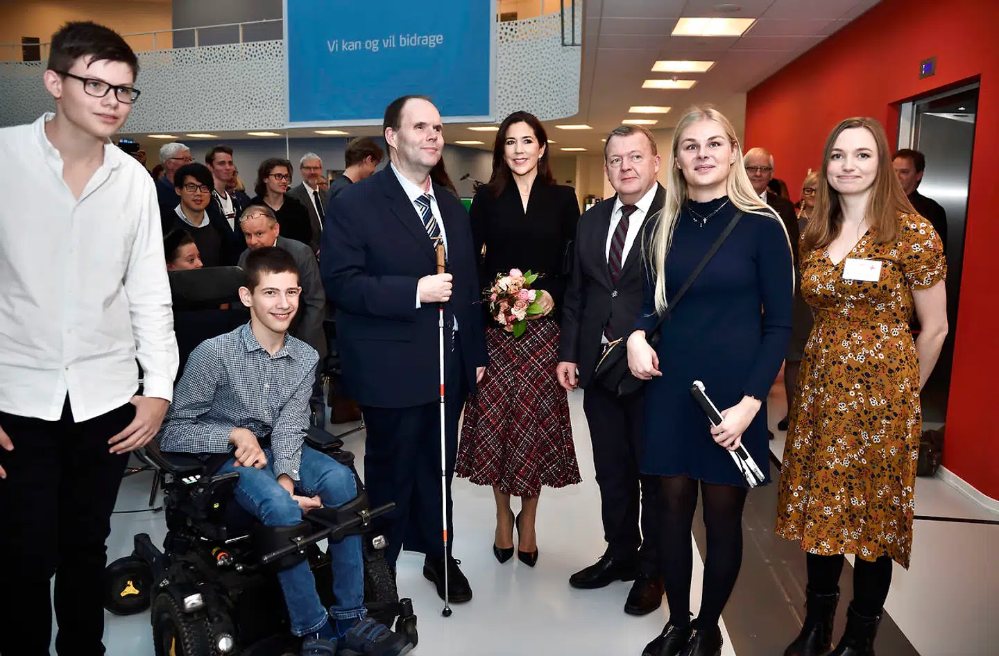 Kronprinsesse Mary deltager i FN's internationale handicapdag i Handicaporganisationernes Hus i Taastrup. Længst til venstre ses Jakob Terp-Hansen, som står sammen med de anre talere for arrangementet. (Foto: Tariq Mikkel Khan/Ritzau Scanpix)