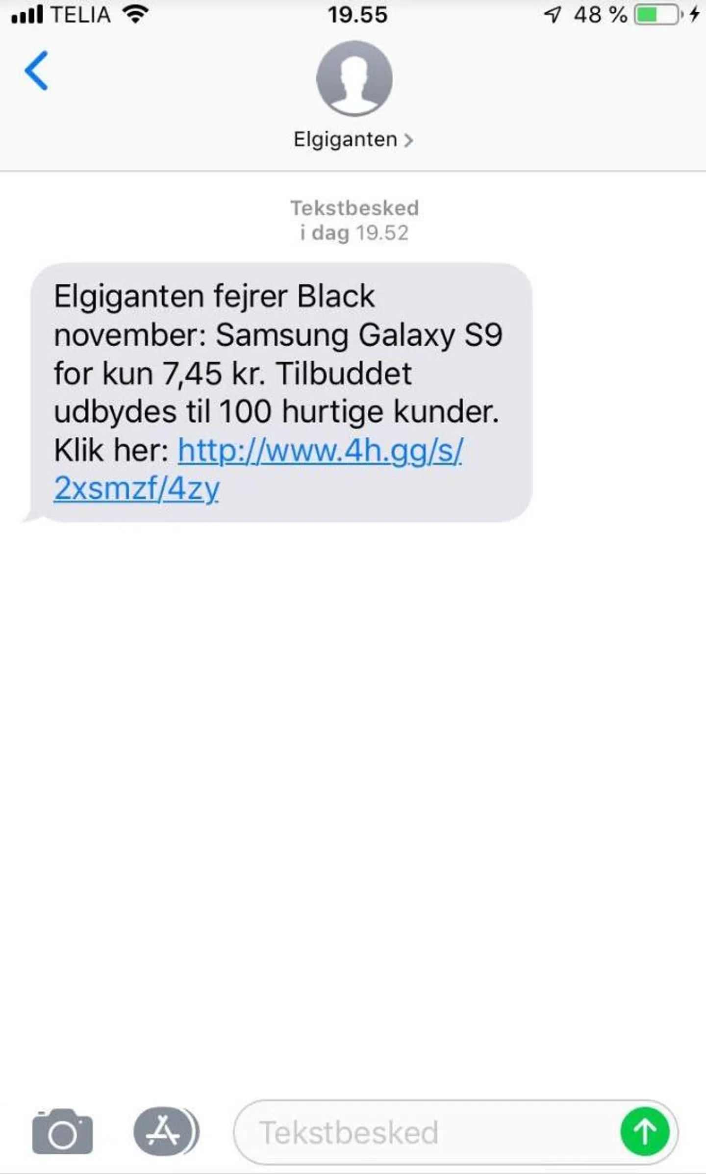 Har du fået denne sms, skal du slette den. Det er IKKE Elgiganten, men svindlere, som har sendt den.