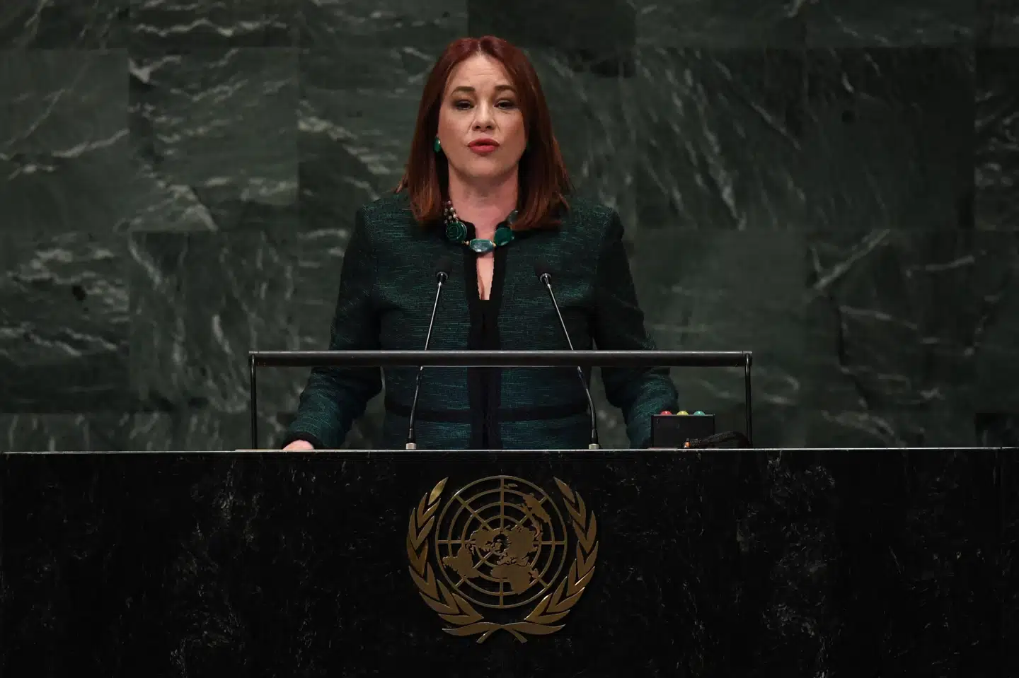 Formand for FN's Generalforsamling Maria Fernanda Espinosa håber, at medlemslandene kan overbevises til at gå med i pagten. Espinosa taler her ved FN's Generalforsamling i New York tidligere på året. (Arkivfoto) Timothy A. Clary/Ritzau Scanpix