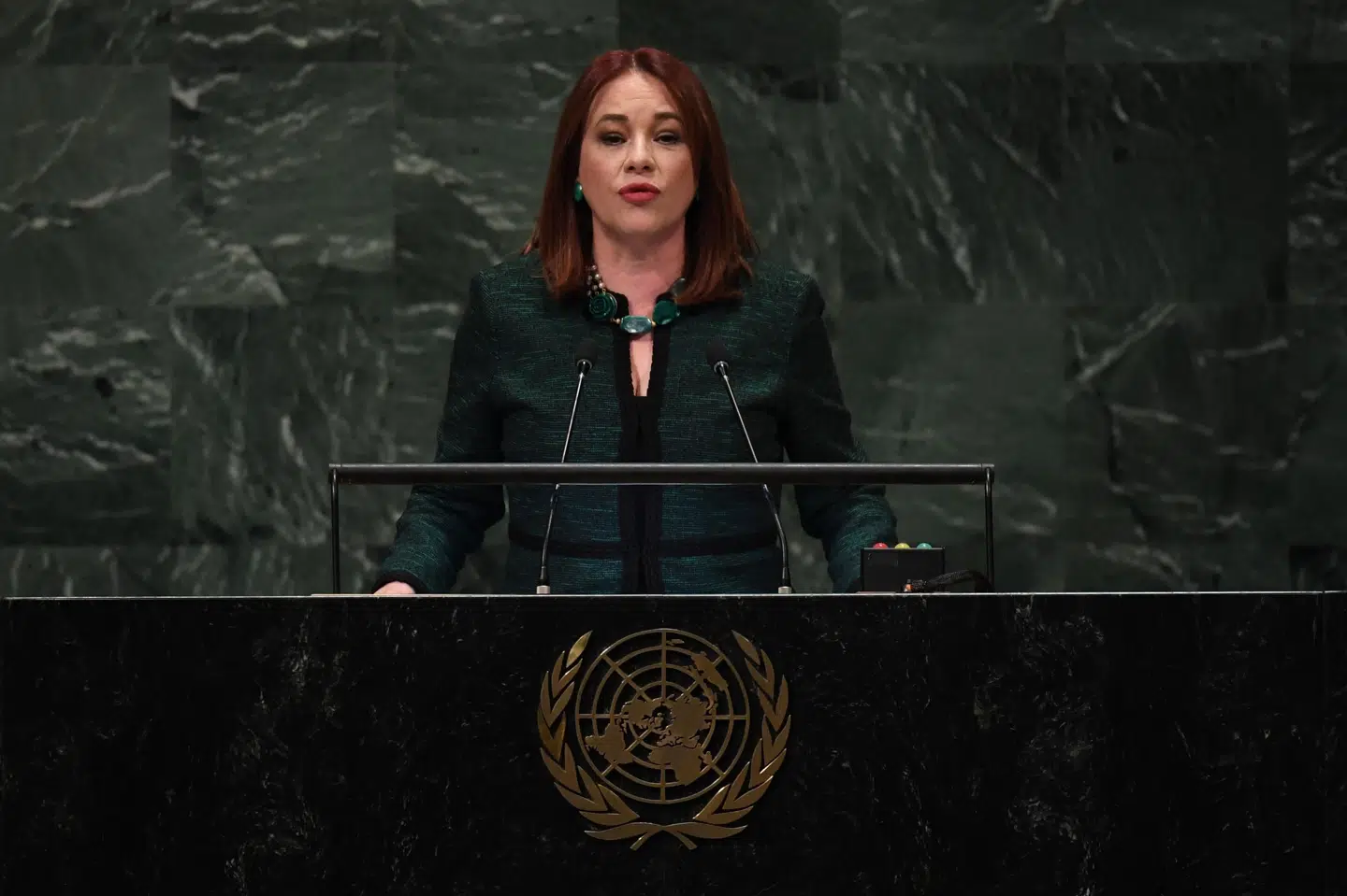 Formand for FN's Generalforsamling Maria Fernanda Espinosa håber, at medlemslandene kan overbevises til at gå med i pagten. Espinosa taler her ved FN's Generalforsamling i New York tidligere på året. (Arkivfoto) Timothy A. Clary/Ritzau Scanpix