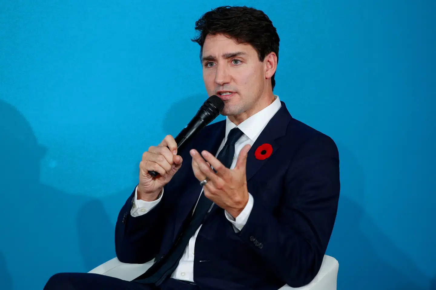 Justin Trudeau, der her ses under sin tale ved et fredsforum i Paris søndag, oplyser mandag, at Canadas efterretningsvæsen har hørt en lydoptagelse af drabet på journalisten Jamal Khashoggi. Yoan Valat/Ritzau Scanpix