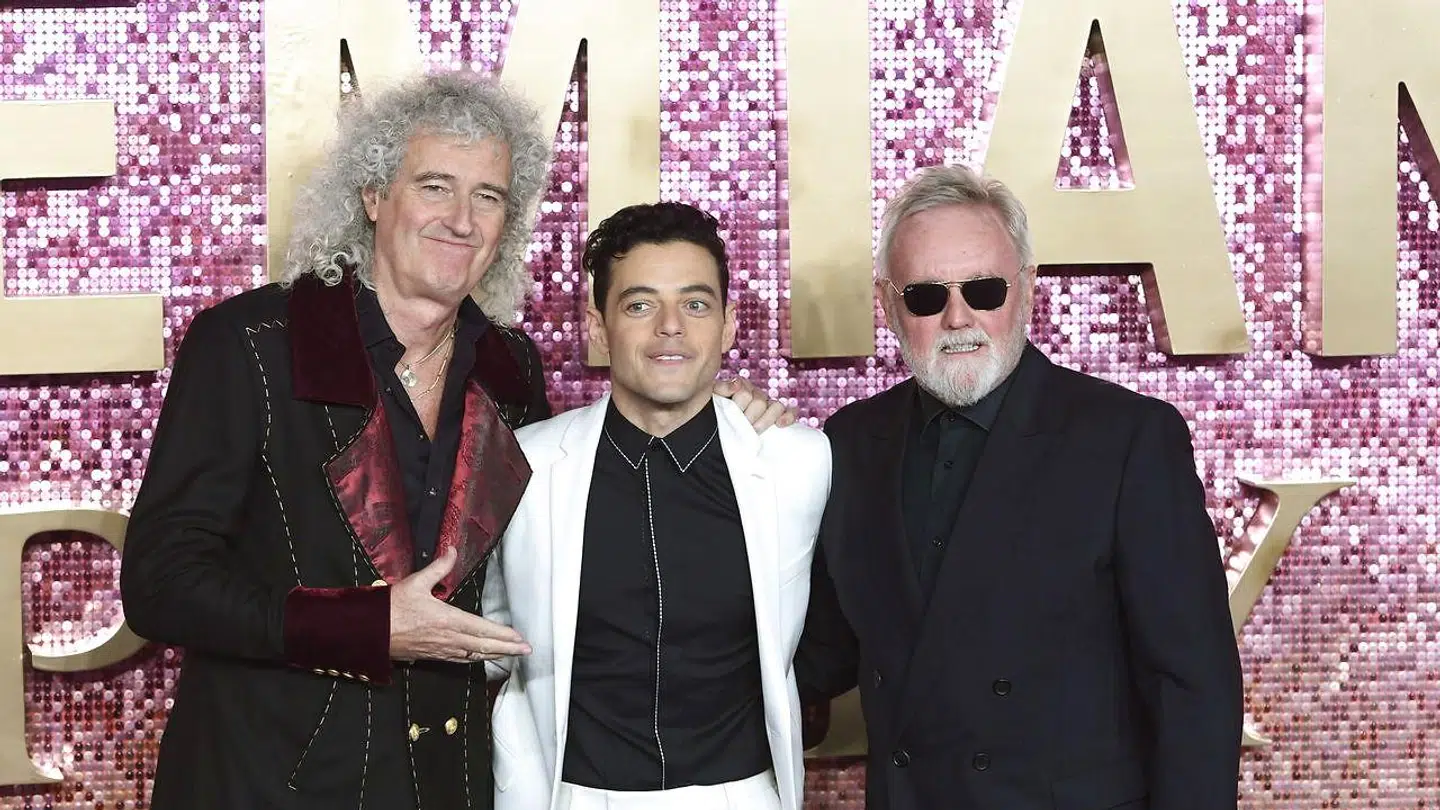 Skuespilleren Rami Malek sammen med Queen-medlemmerne Roger Taylor og Brian May.