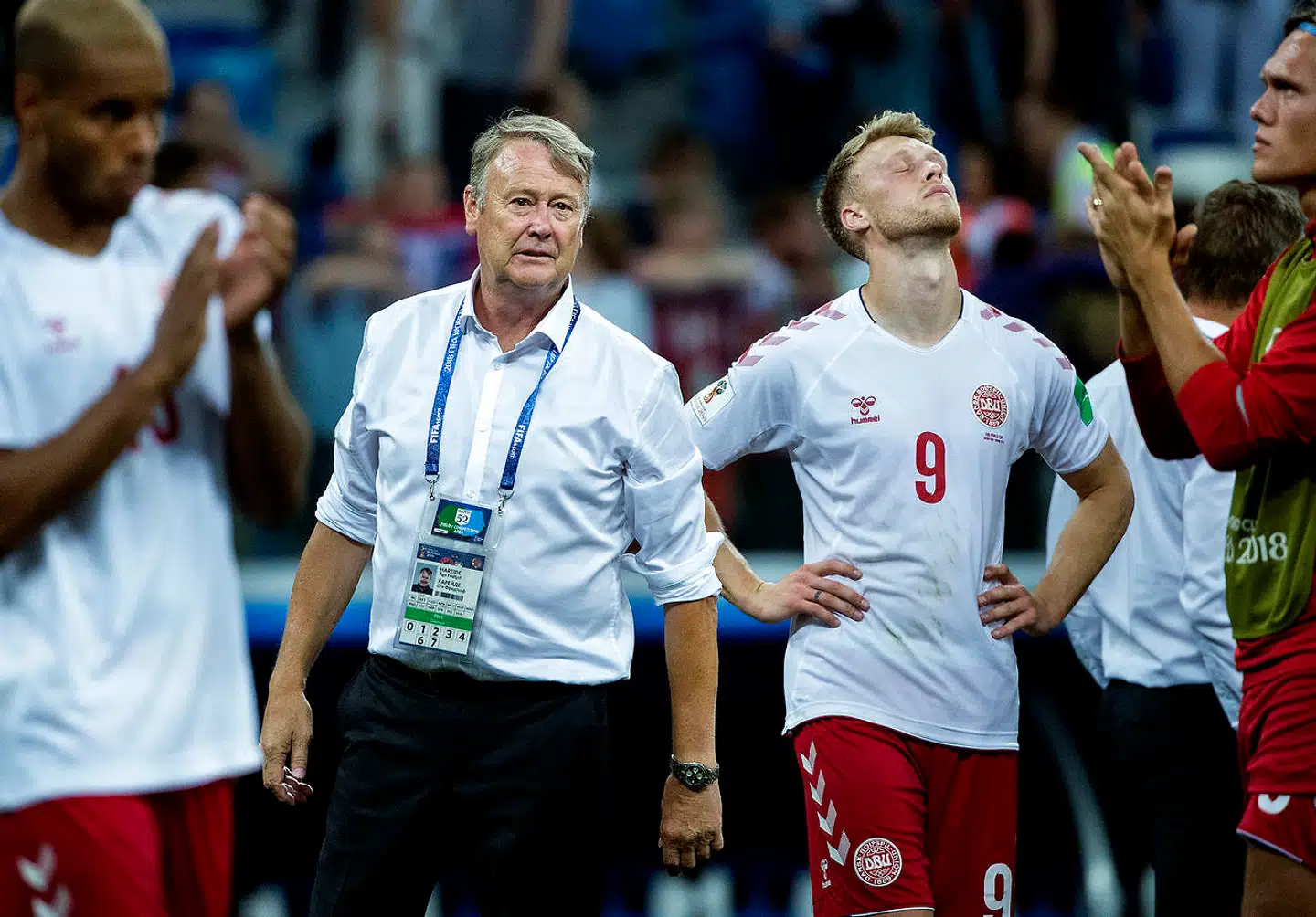 Landstræner Åge Hareide og Nicolai Jørgensen efter 1/8 finalen og straffespark mellem Danmark-Kroatien på Nizhny Novgorod Stadium den 1 juli 2018.
