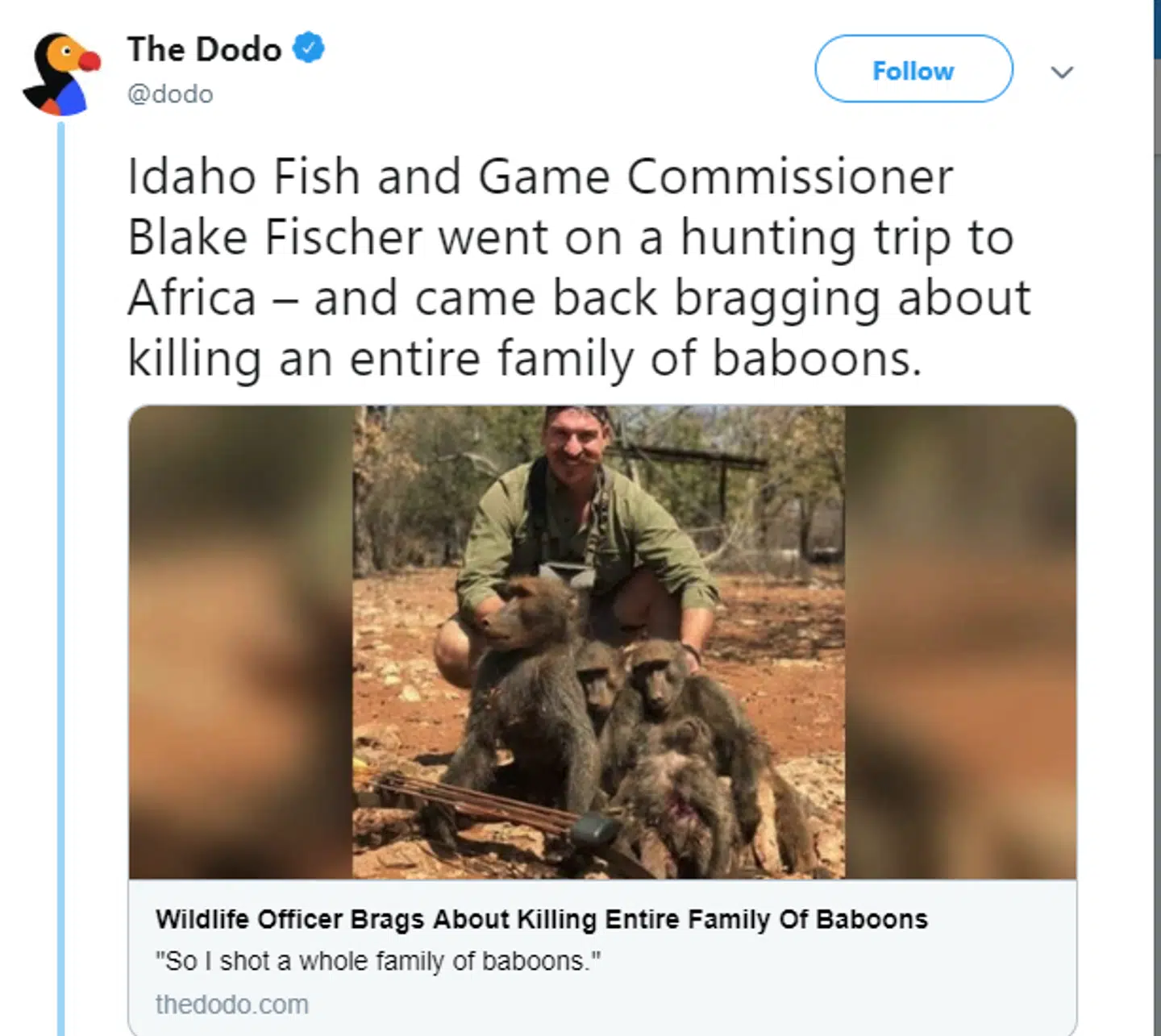 Et af utallige tweets, som i går fortalte historien om Blake Fischer og hans drab på en bavianfamilie.