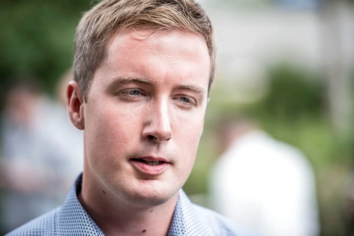 Gruppeformand Jacob Mark efter SF's pressemøde som afholdes i forbindelse med deres sommergruppemøde på Alkestrupskolen i Algestrup, Tureby, onsdag den 15. august 2018.. (Foto: Mads Claus Rasmussen/Ritzau Scanpix)