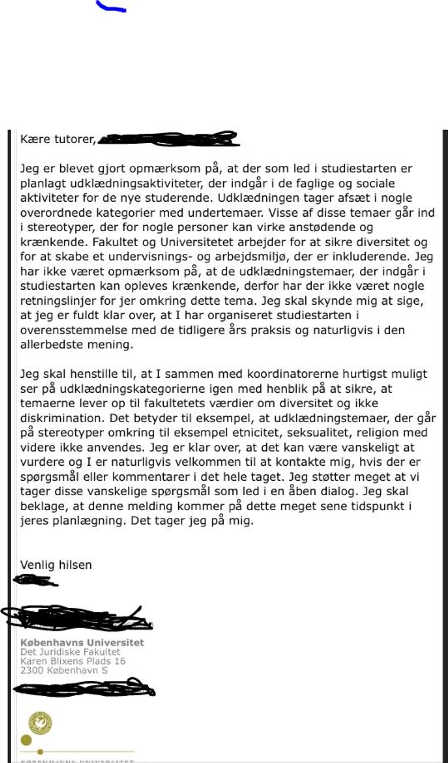 E-mailen, der blev sendt til tutorerne to dage før introtur med udklædning.