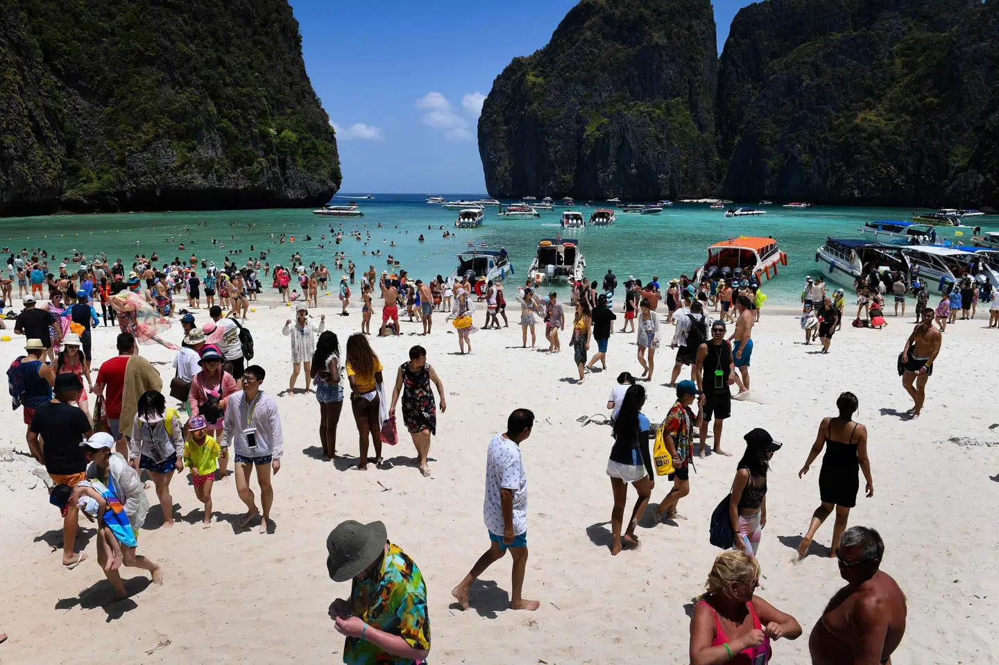 Stranden Maya Bay, der ligger på øen Koh Phi Phi i det sydlige Thailand, er blevet besøgt af så mange turister, at stranden onsdag er blevet lukket på ubestemt tid for at give økosystemet en chance for at komme sig. Lillian Suwanrumpha/arkiv/Ritzau Scanpix