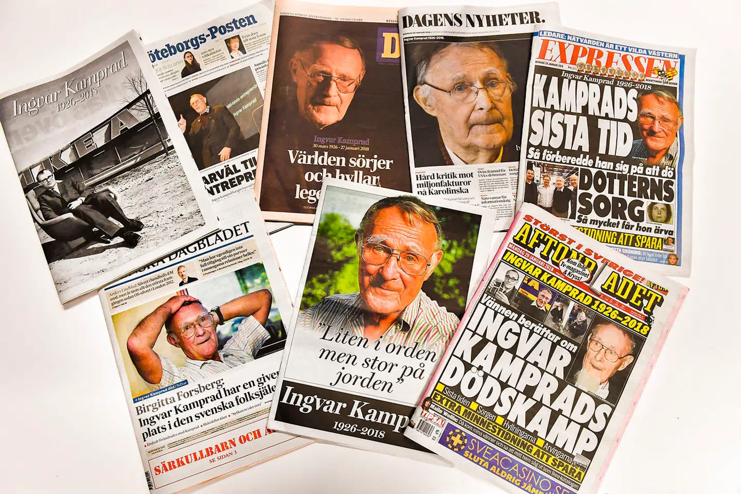 Ingvar Kamprads død som 91-årig den 28. januar 2018 prægede de svenske avisforsider dagen derpå.
