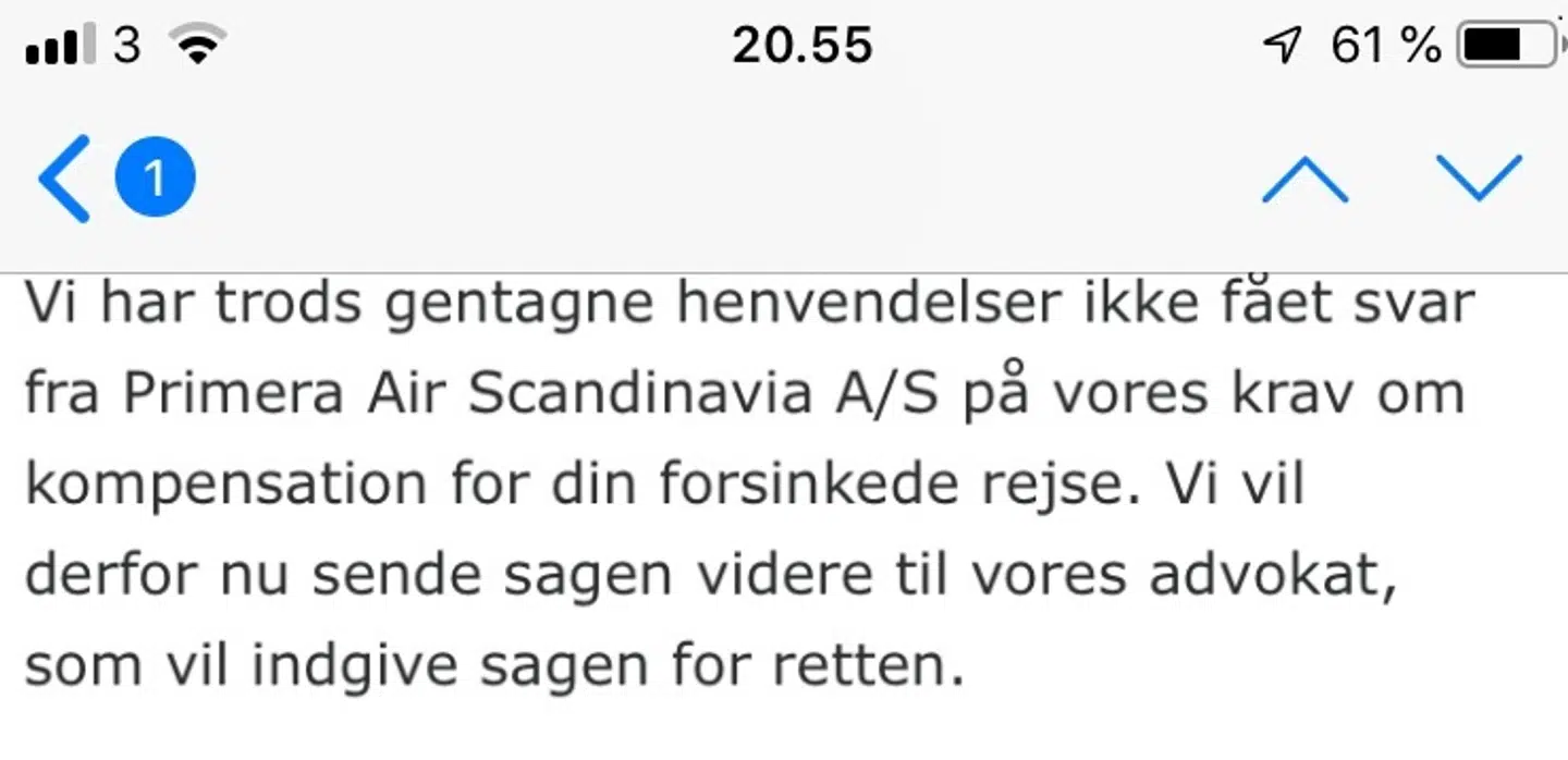 Uddrag af den mail, som Birthe modtog d. 25. september 2018. Her fremgår det, at Primera Air, ifølge flyforsinkelse.dk, ikke har reageret på Birthes kompensationssag.