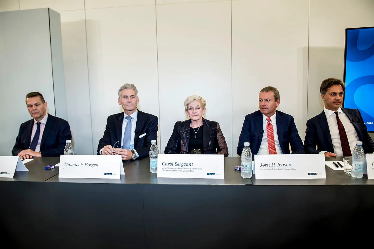 Thomas F. Borgen, afgående direktør i Danske Bank, og bestyrelsesformand Ole Andersen ses her foran pressen inden pressemøde i Tivoli Kongres Center onsdag 19. september 2018. (Foto: Mads Claus Rasmussen/Ritzau Scanpix)