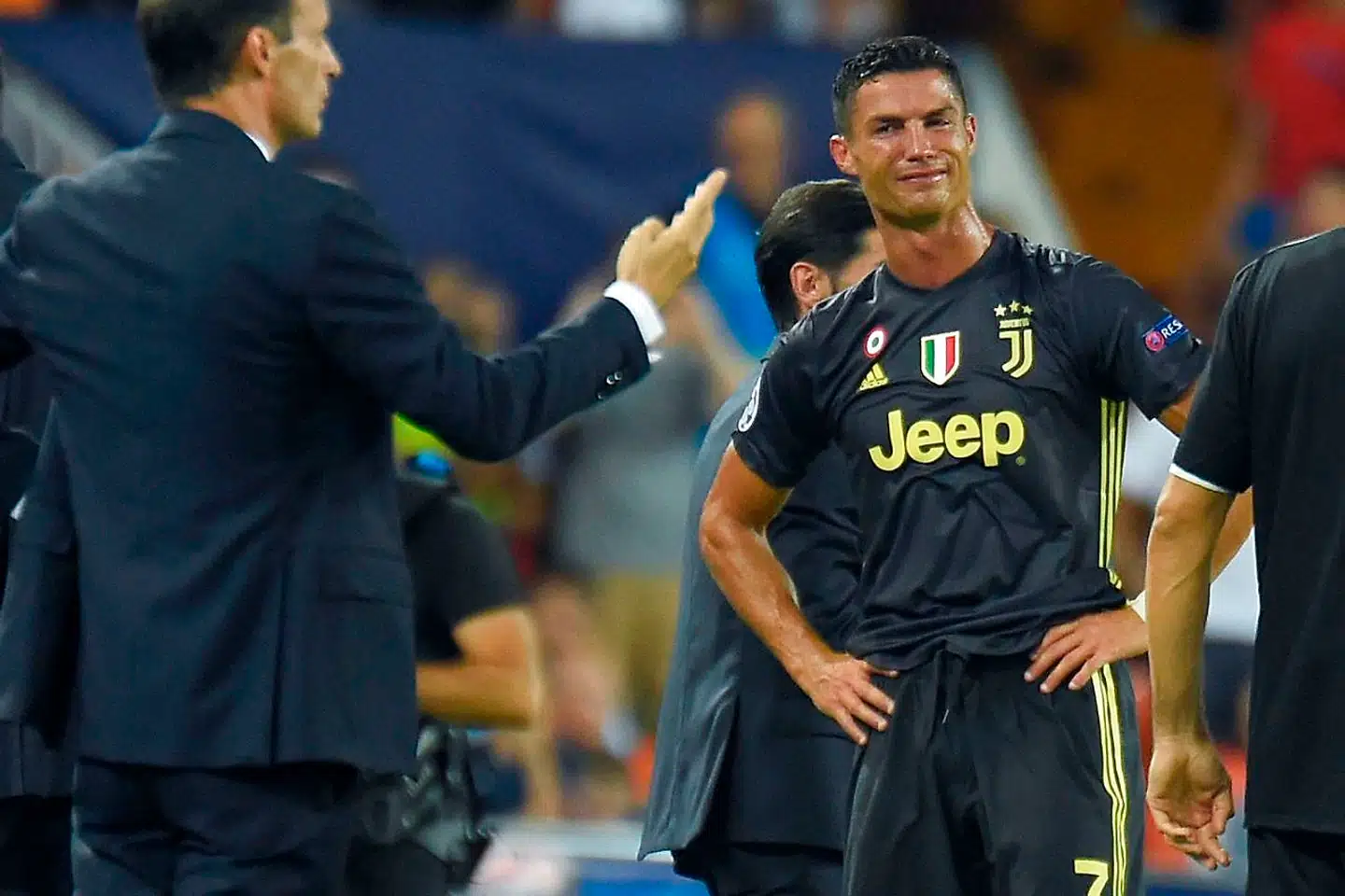 Juventus' Portuguese forward Cristiano Ronaldo reacts after receiving a red card during the UEFA Champions League group H football match between Valencia CF and Juventus FC at the Mestalla stadium in Valencia on September 19, 2018. (Photo by JOSE JORDAN / AFP)