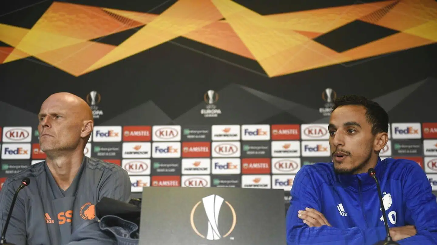 Træner Ståle Solbakken og José Carlos Gonçalves Rodrigues, omtalt Zeca, på FC Københavns pressemøde i Parken, onsdag den 19. september 2018, før Europa League-kampen mod FC Zenit torsdag aften.. (Foto: Philip Davali/Ritzau Scanpix)