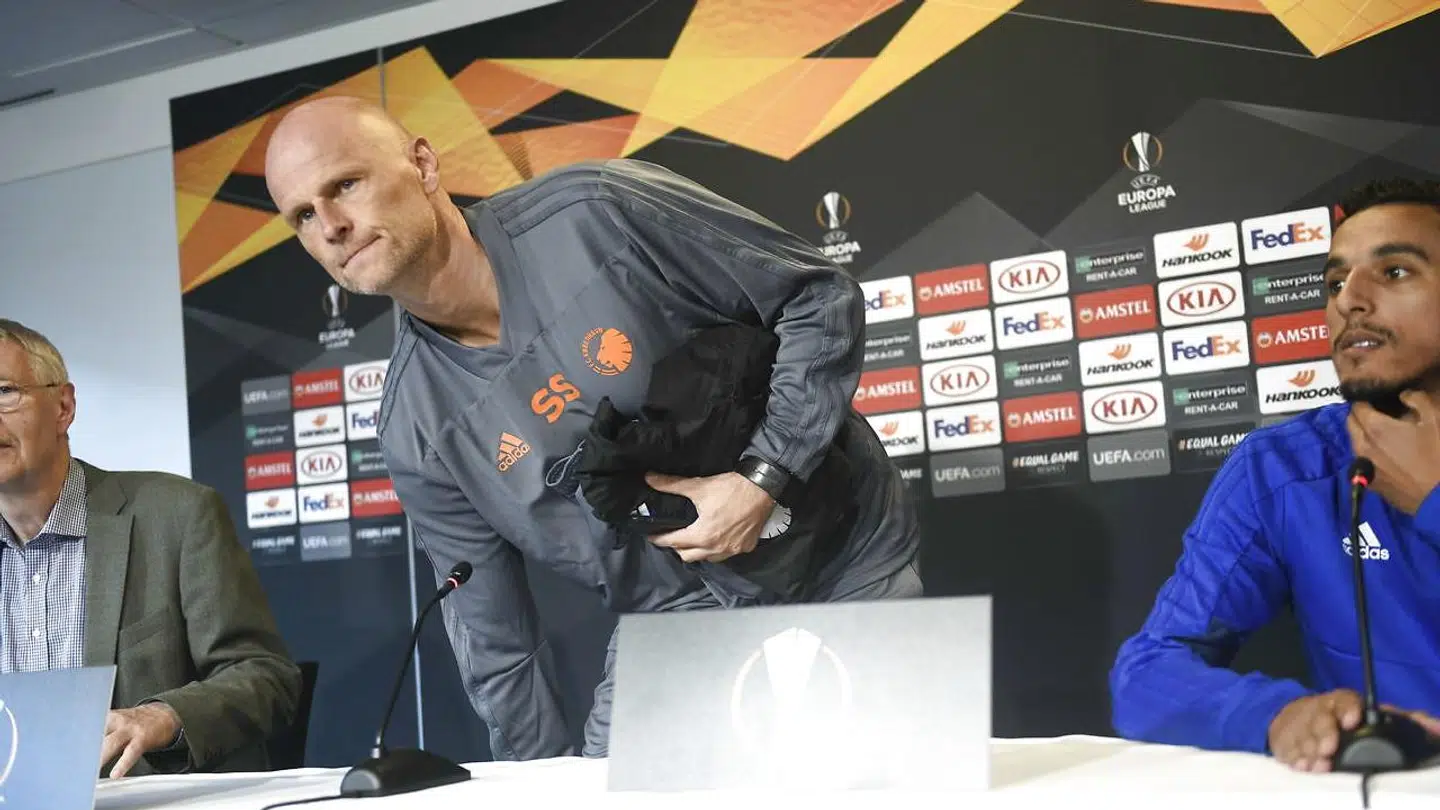 Træner Ståle Solbakken og José Carlos Gonçalves Rodrigues, omtalt Zeca, på FC Københavns pressemøde i Parken, onsdag den 19. september 2018, før Europa League-kampen mod FC Zenit torsdag aften.. (Foto: Philip Davali/Ritzau Scanpix)