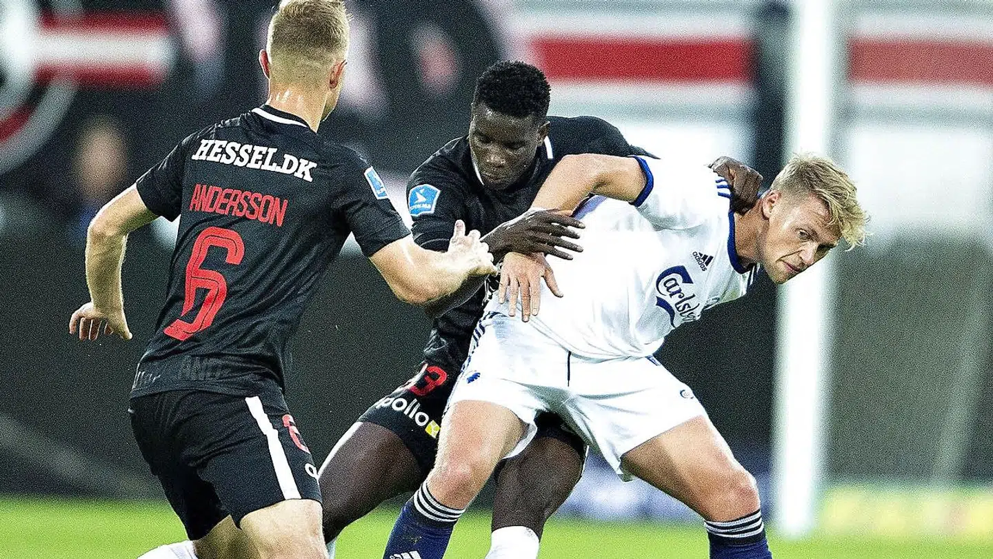 FCK's Viktor Fischer mod FC Midtjyllands Paul Onoachu i superligakampen FC Midtjylland-FC København på MCH-Arena i Herning, 16. september 2018. (Foto: Henning Bagger/Ritzau Scanpix)