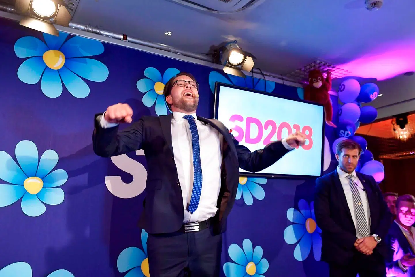 TOPSHOT - Jimmie Akesson of the Sweden Democrats speaks at the election party at the Kristallen restaurant in central Stockholm on September 9, 2018. - Sweden's Social Democrats are tipped to be the country's biggest party after Sunday's election on September 9, 2018, with the far-right Sweden Democrats trailing in third place, a TV4 exit poll predicted shortly before polling stations closed. (Photo by Anders WIKLUND / TT NEWS AGENCY / AFP) / Sweden OUT