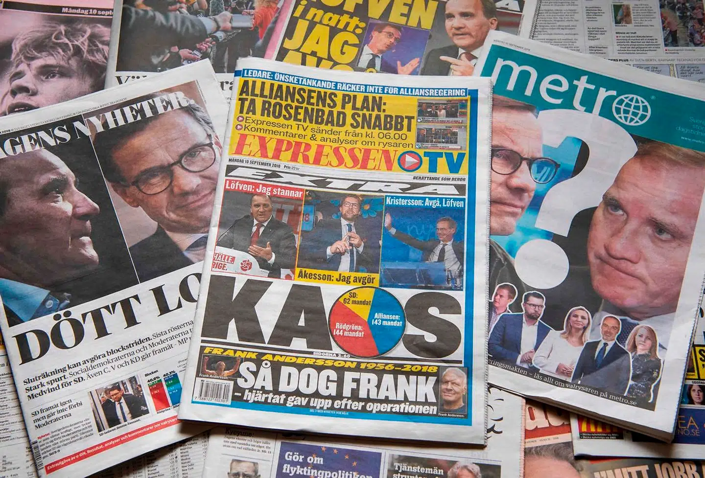 A photo taken on September 10, 2018 in Stockholm shows a selection of front pages of Swedish newspapers in Stockholm a day after the general elections. - As expected, neither the centre-left nor the centre-right bloc obtained a majority in the legislative elections, and the far-right Sweden Democrats solidified their position as the country's third-biggest party, albeit with a lower score than they had expected. (Photo by Jonathan NACKSTRAND / AFP)