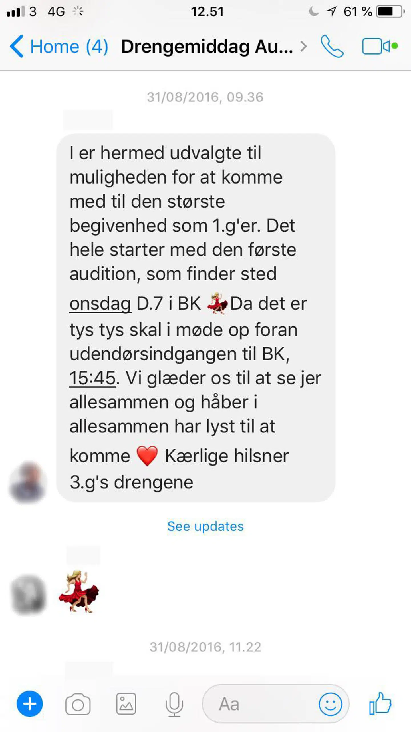 Her er Facebook-beskeden, som Anja og en række andre piger modtog forud for auditionerne.