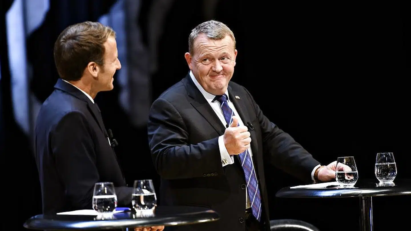Den franske præsident Emmanuel Macron og statsminister Lars Løkke Rasmussen (V) under en debat i Den Sorte Diamant i forbindelse med, at den franske præsident er på officielt statsbesøg i København.