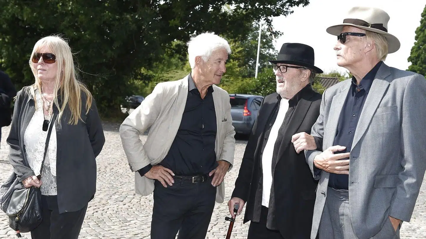 Eddie Skoller og Povl Dissing ses her til Benny Andersen bisættes fra Sorgenfri Kirke, torsdag den 23 august 2018. (Foto: Liselotte Sabroe/Scanpix 2018)