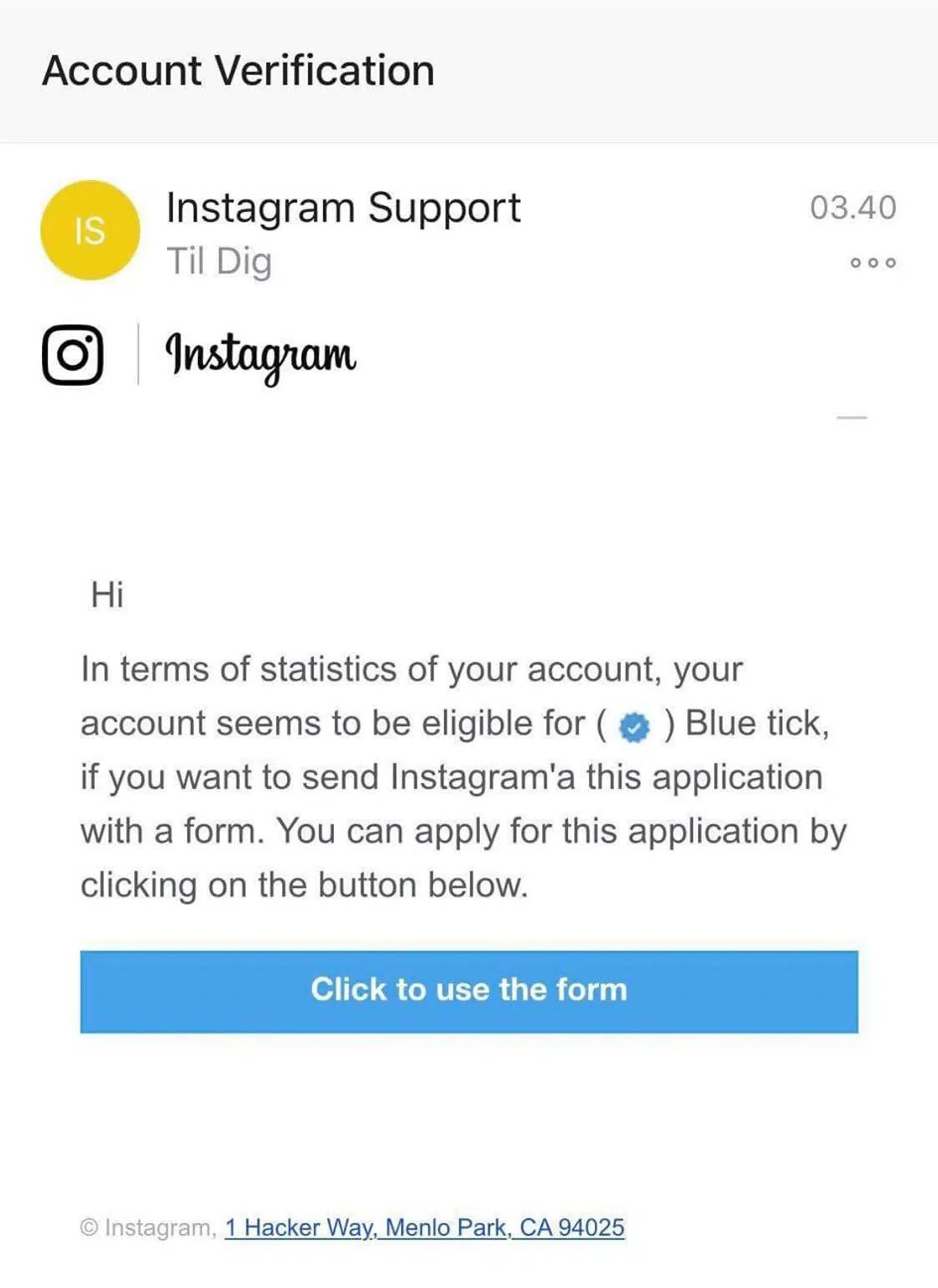 E-mailen, som foregav at være fra Instagram.
