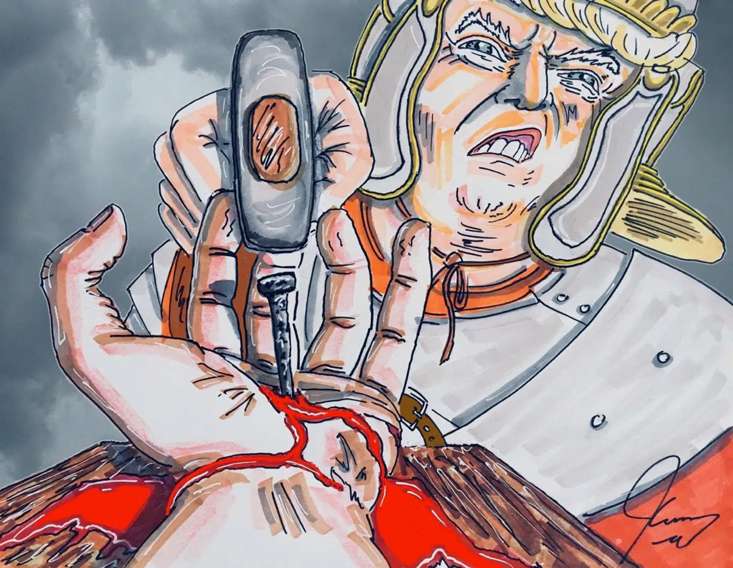 Trump som én af d romerske soldater, der korsfæstede Jesus. Jim Carrey skriver:'Jesus var en taber. En forfejlet snedker. Han er kun frelser, fordi han blev korsfæstet. Jeg kan bedre lide folk, der ikke blev korsfæstet.'