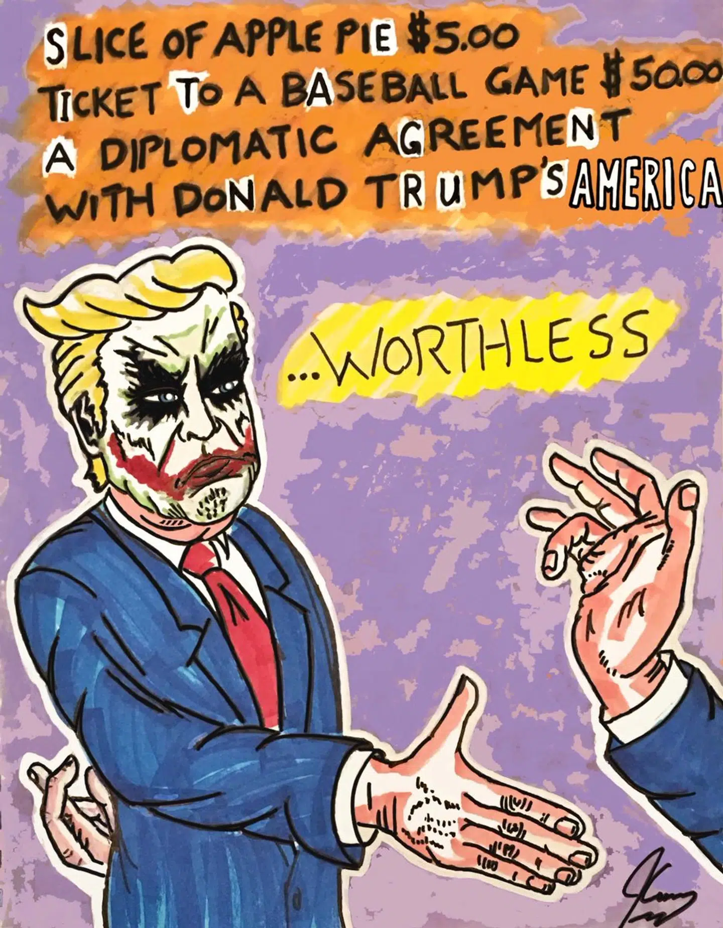 Trump som Batmas memesis Jokeren.'Diplomatiske kontrakter, der er indgået med Trump: værdiløse,' står der i teksten.