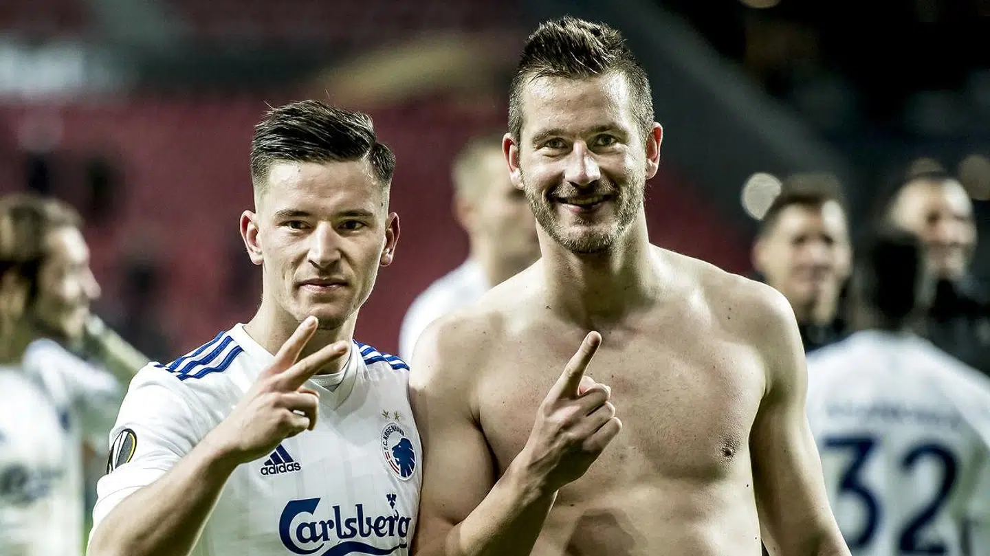FC Københavns Benjamin Verbič og Michael Lüftner efter Europa League-kampen mellem FC København og FC Zlin i Parken. Kampen endte 3-0 til FCK.