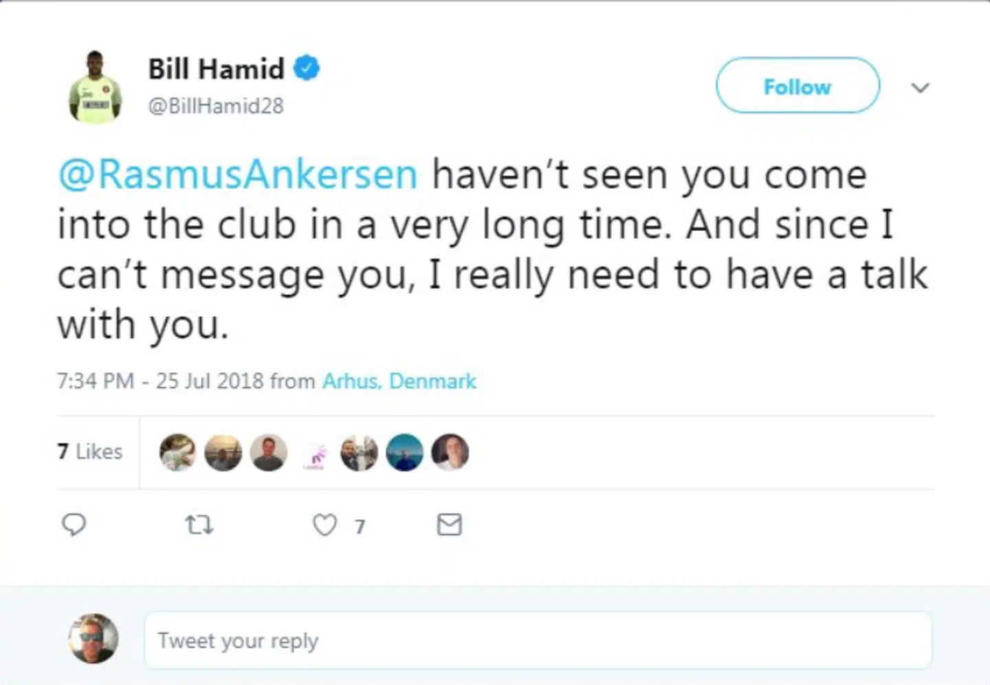 Slettet tweet fra Bill Hamid