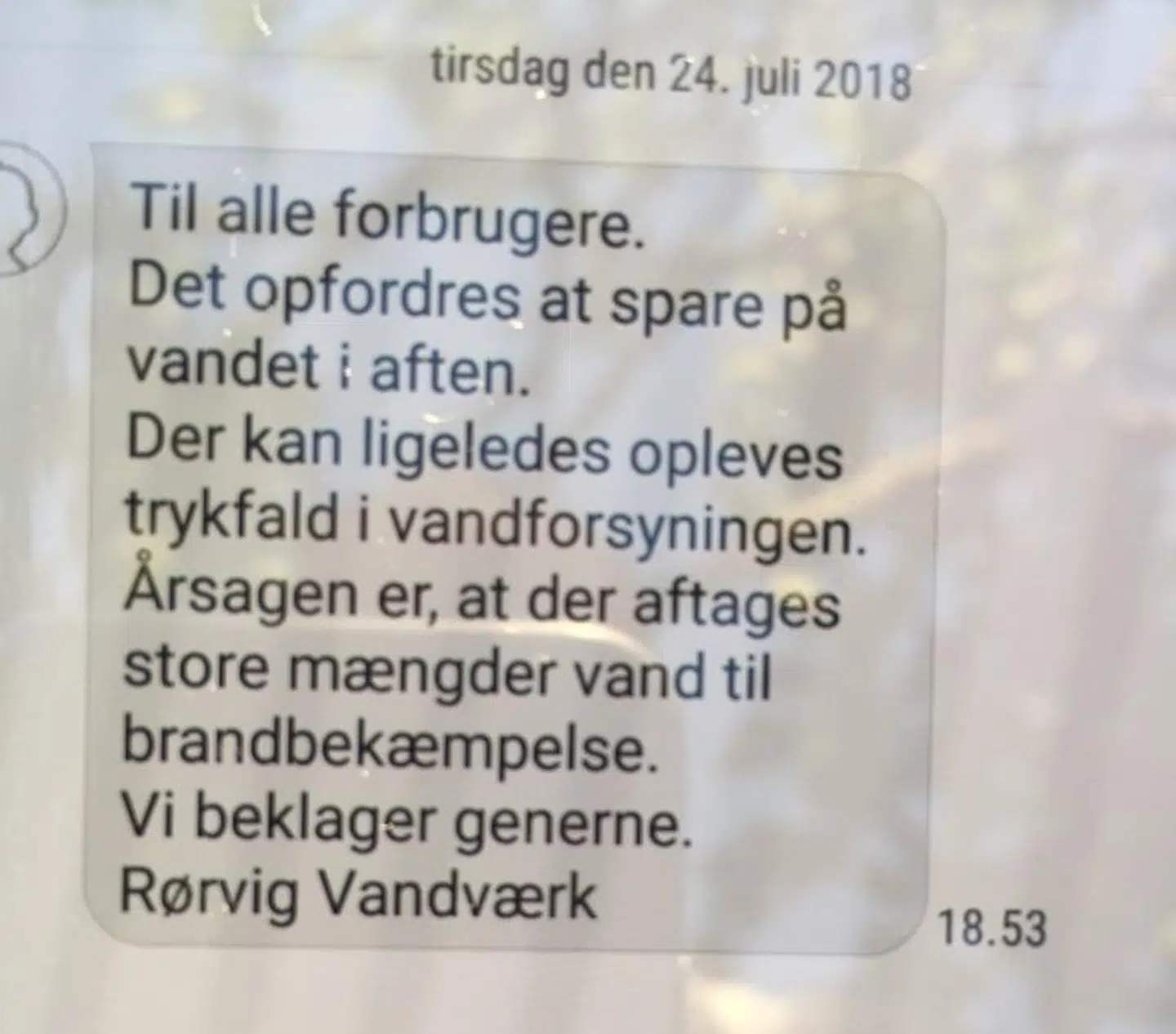 SMS fra Rørvig Vandværk, som er blevet sendt ud til forbrugerne.