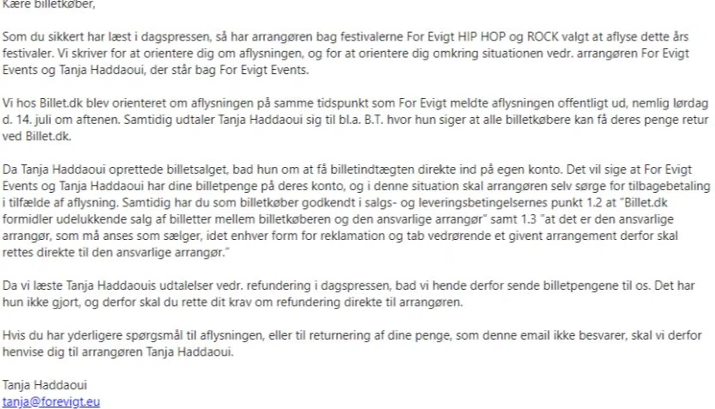 Billet.dk har sendt denne mail til de ca. 2000, der har købt billet til For Evigt-koncerterne