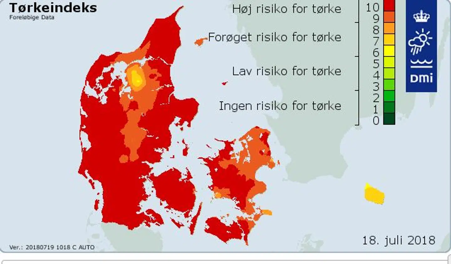 Næsten alle dele af landet har torsdag 19. juni indeks 9 eller 10, som er det højeste. (Foto: DMI)