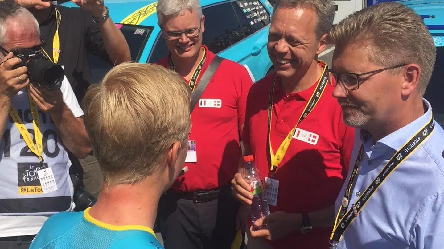 Michael Valgren (tv.) og Københavns overborgmester, Frank Jensen (th.), fik sig en god snak om en mulig dansk Tour-start i 2021