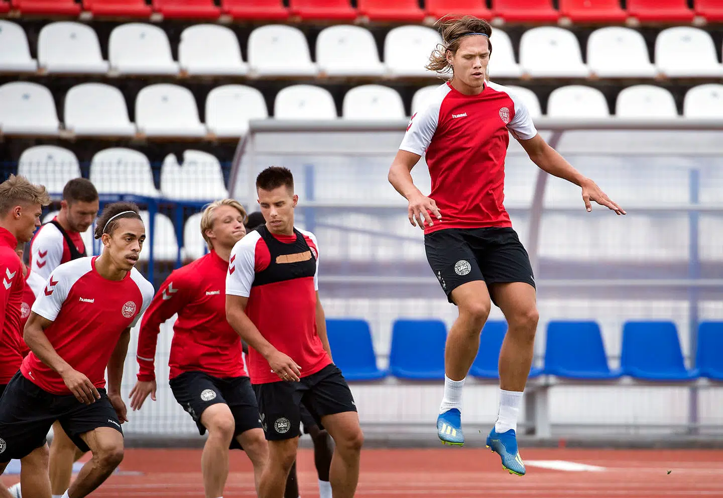 Jannik Vestergaard, Jonas Knudsen, Yussuf Yurary Poulsen, Kasper Dolberg under VM-træning på Lokomotiv Stadion.