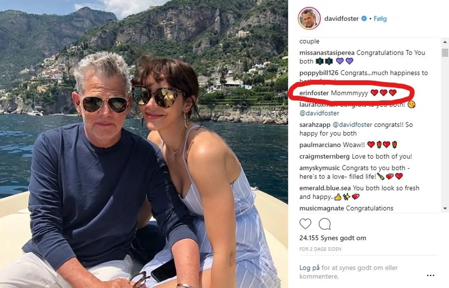 'Mooorrr' skriver David Fosters datter til billedet af det nyforlovede par.