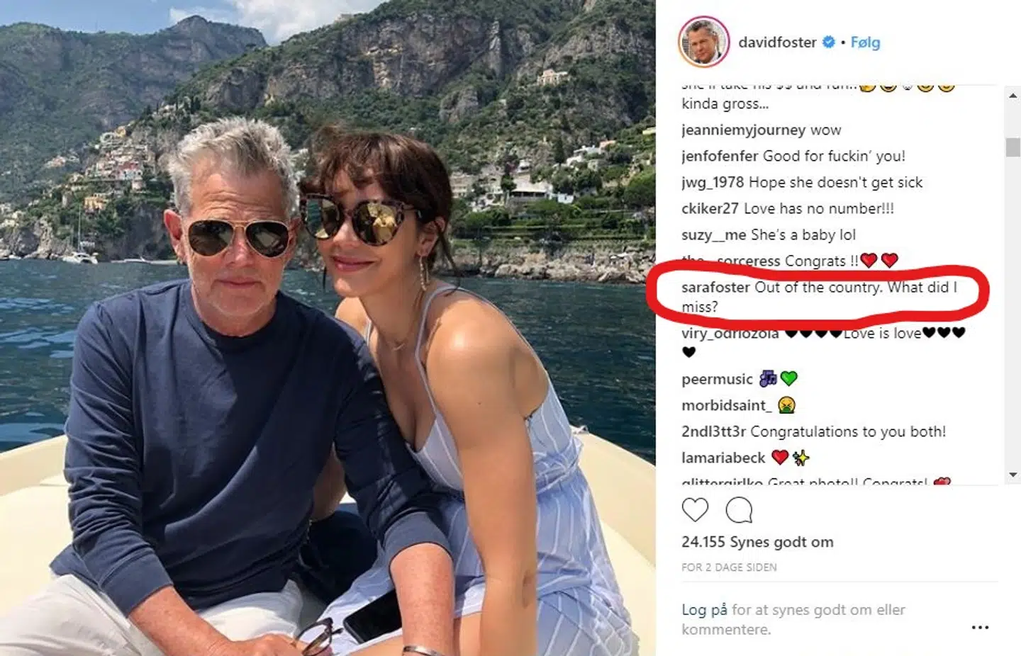 'Jeg er ude af landet. Hvad er jeg gået glip af?' skriver David Fosters datter Sara Foster og joker med sin far, som nu skal giftes for femte gang.