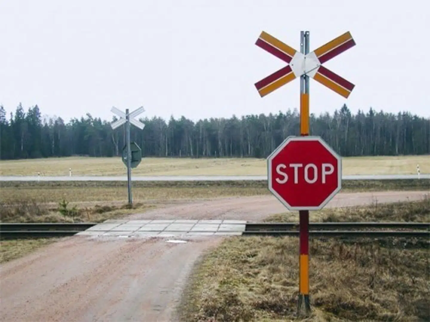 Det er skilte som dette fra Sverige, der nu kommer op ved de 14 usikrede jernbaneoverskæringer i Jylland.